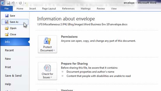 Word Env #10 Tutorial - Saving Envelope as Word Document