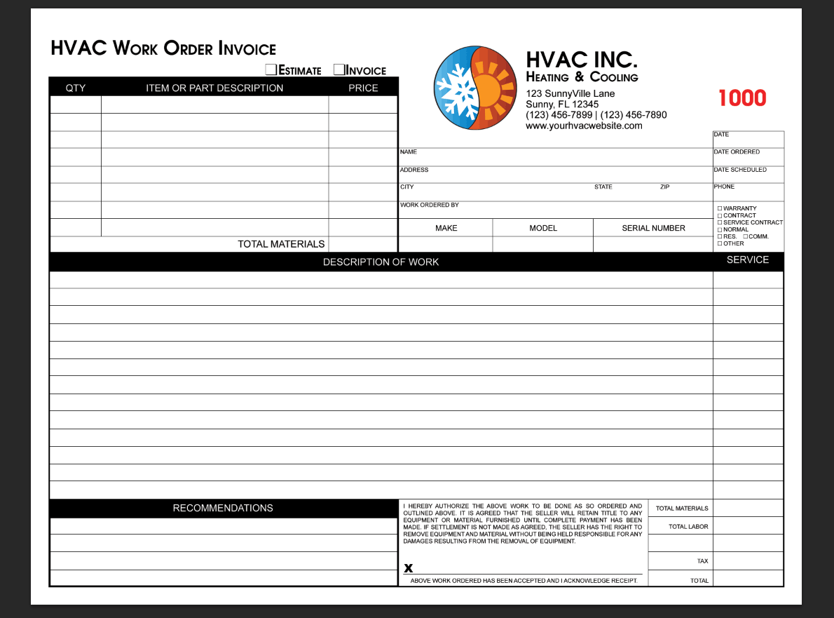 Hvac Work Order Free Printable Hvac Invoice Template