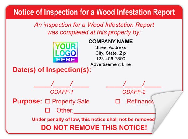 Pest Control Notice of Inspection Label for Wood Infestation